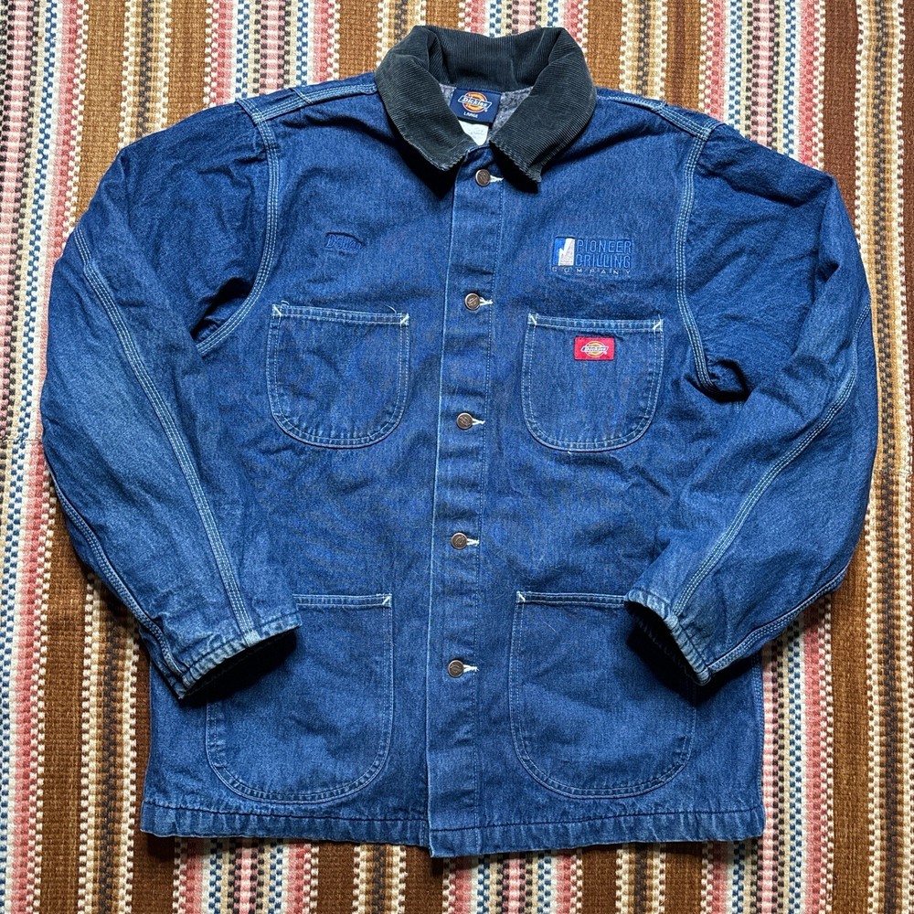 Vintage 90s Dickies Dark Wash Lined Denim Chore Coat Jacket Size L