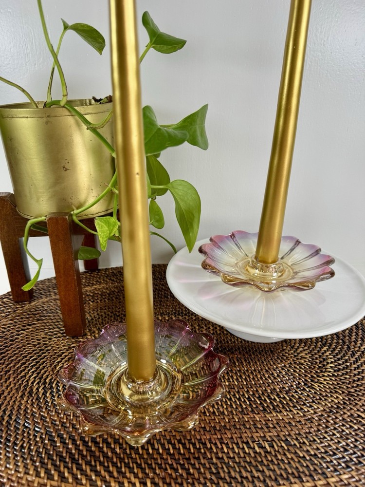 Vintage Fenton Cranberry Opalescent Glass Candle Holder Pair 5 Inch Ruffled Rim