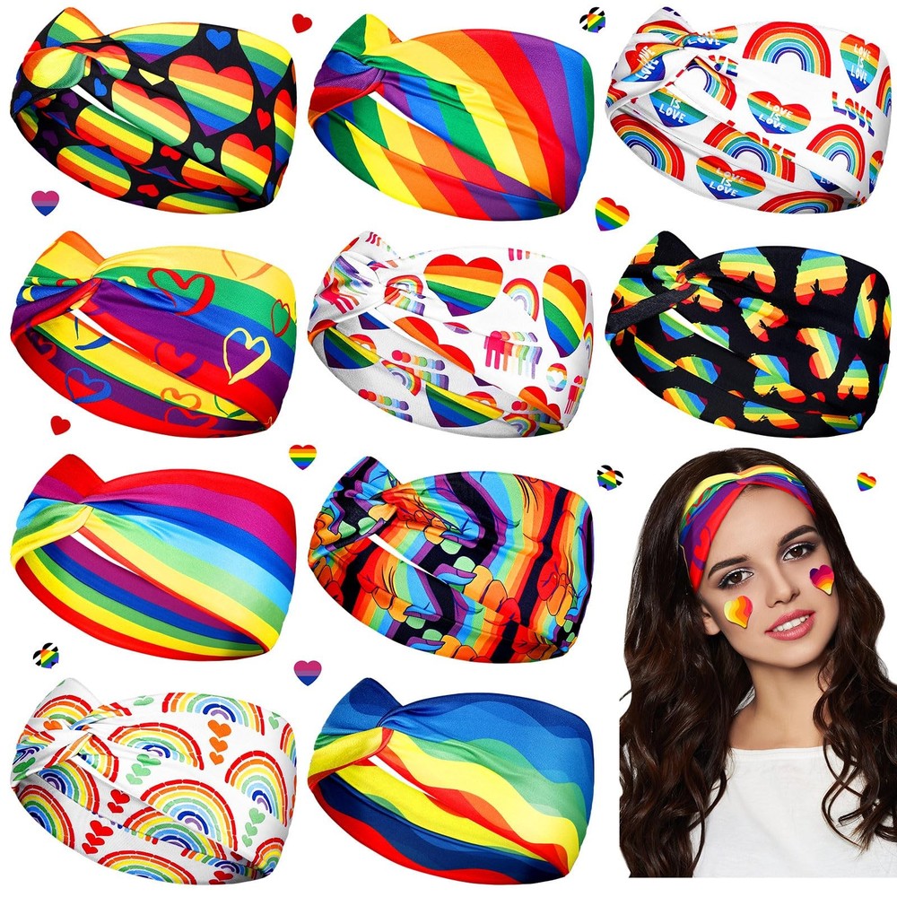 10-Pack Pride Rainbow Twisted Hair Bands Stretchy Non-Slip Sporty Headbands-image