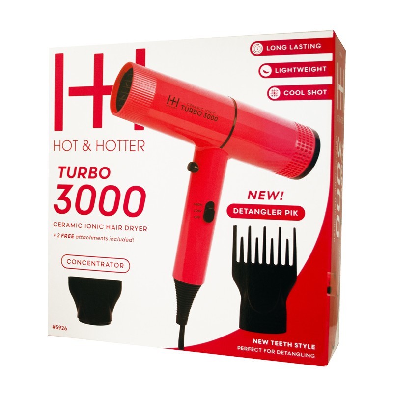 Hot and Hotter Salon Ceramic Turbo 3000 Hair Dryer Red Ceramic - With 2 Combs