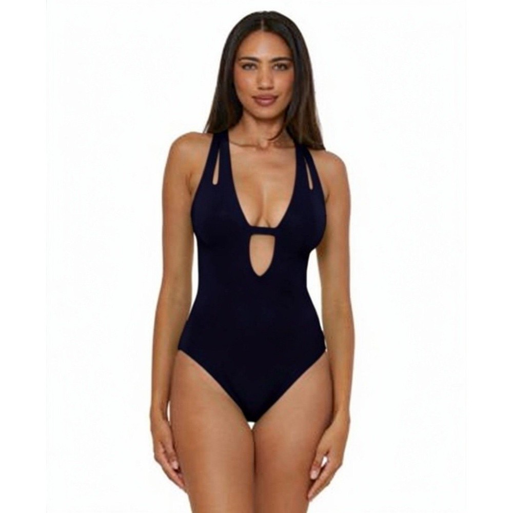 BECCA One Piece Swimsuit Womens M Black Ribbed Plunge Keyhole Cross Back $98 NWT