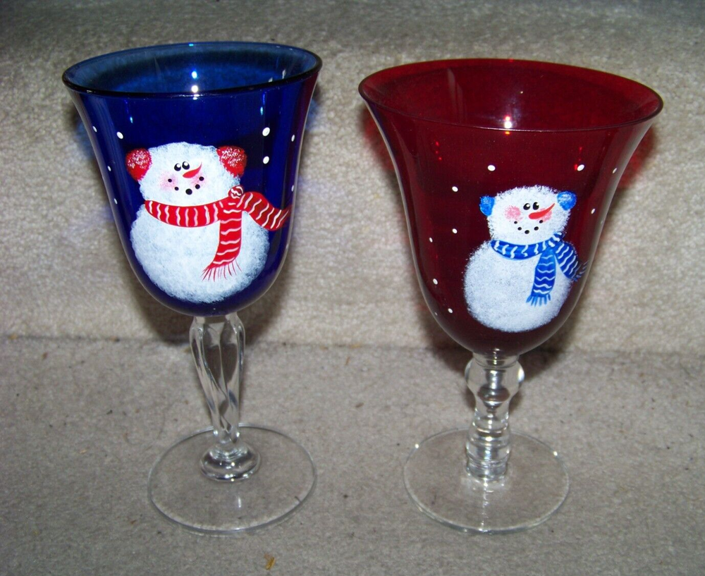 Blue & Red Snowman Stemware Glasses - 7.6