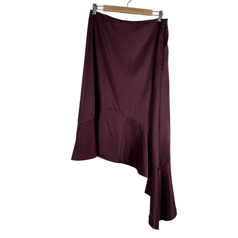 Zara Women's Skirt Burgundy Satin Effect Side Zip Asymmetric Midi Size L