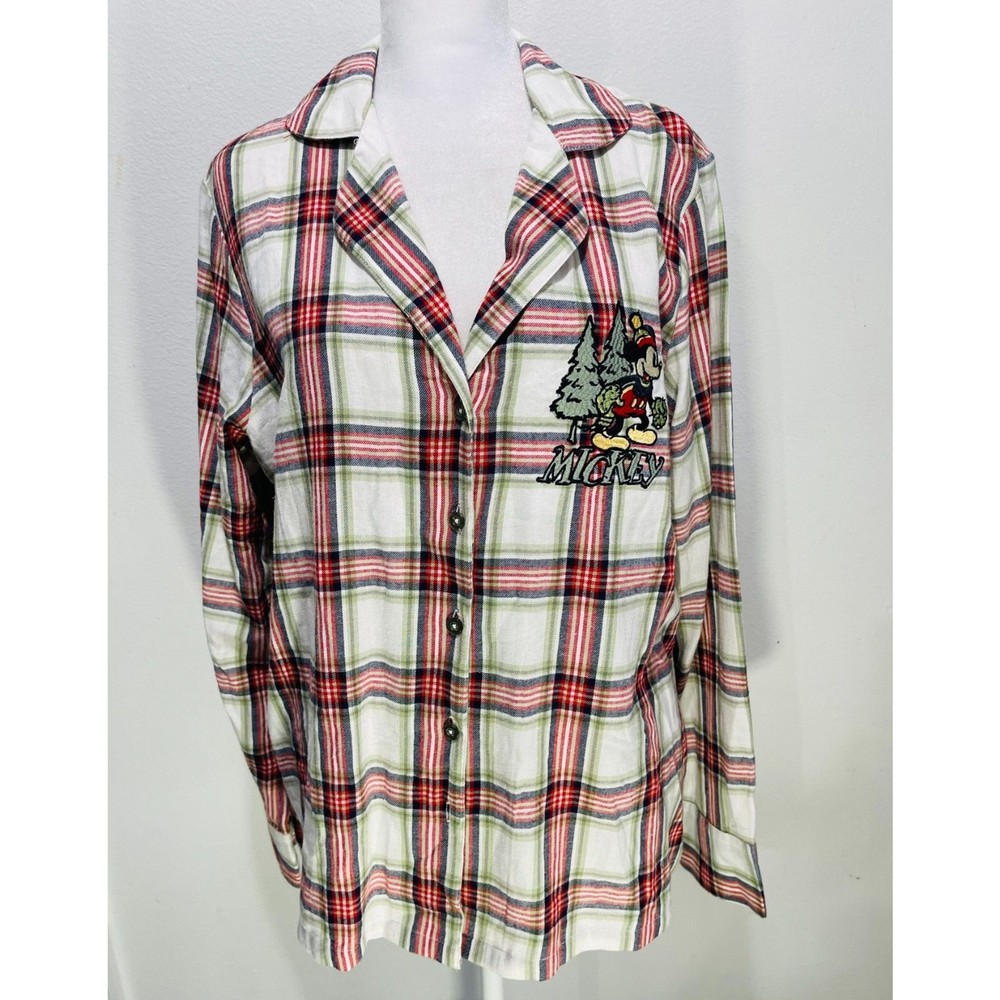 Disney Mickey Mouse red white holiday flannel pajama top button up