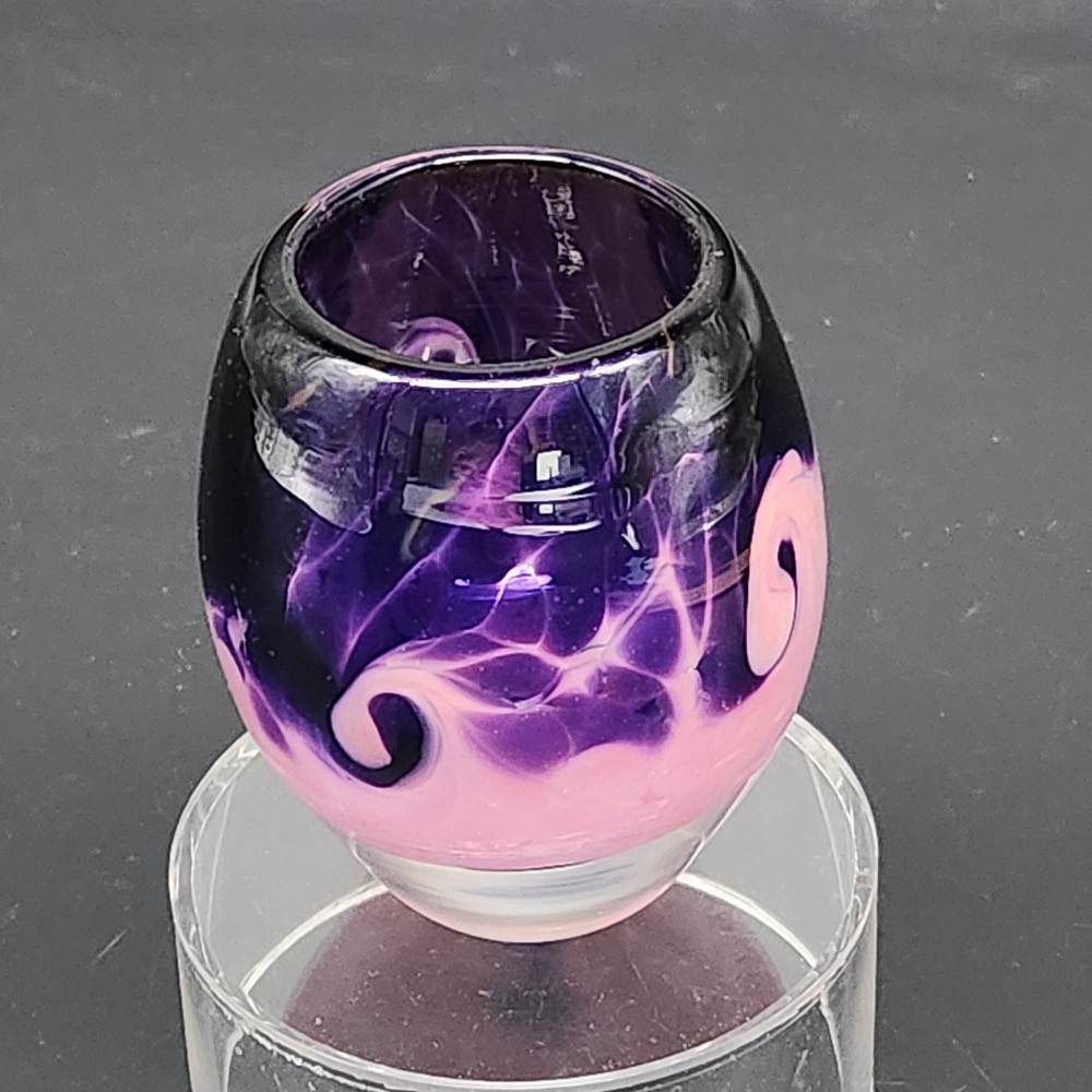 Signed Art Glass Tea Light Holder Mini Vase Purple Pink Swirls 3.5 Inches Tall