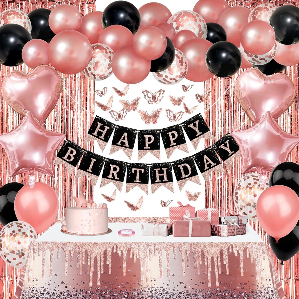ZERODECO Birthday Party Decorations for Women Rose Gold Black Happy Birthday ...