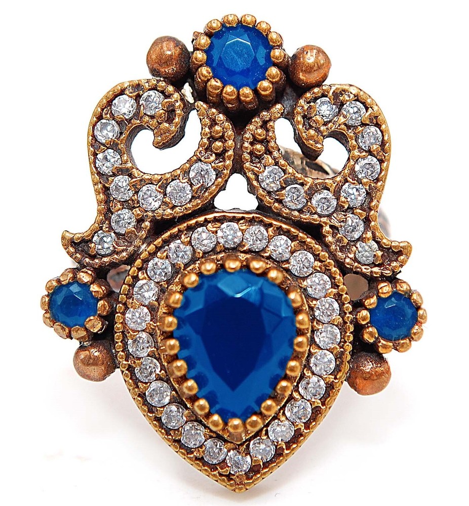 3CT Treated Sapphire Ottoman Empire Style Sterling Silver Ring Size 7 H3-7