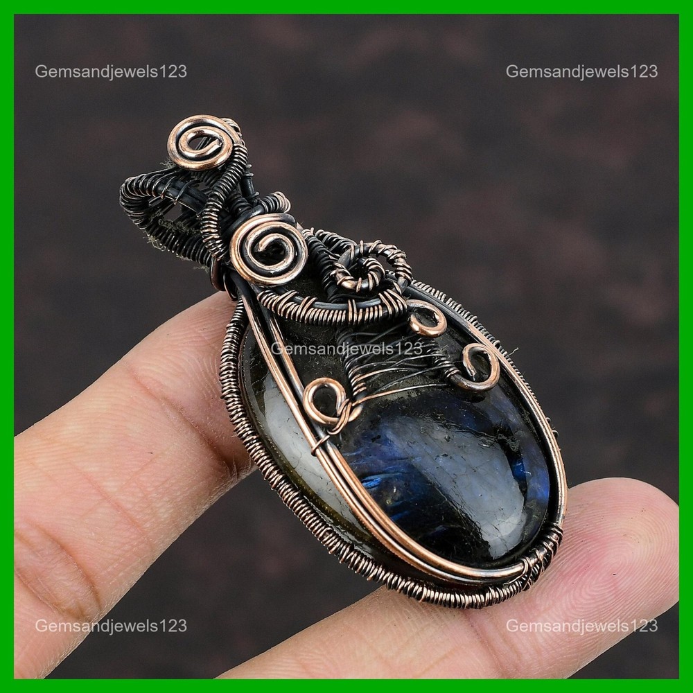 Mother's Day Sale Oval Labradorite Pendant Copper Wire Wrapped Jewelry
