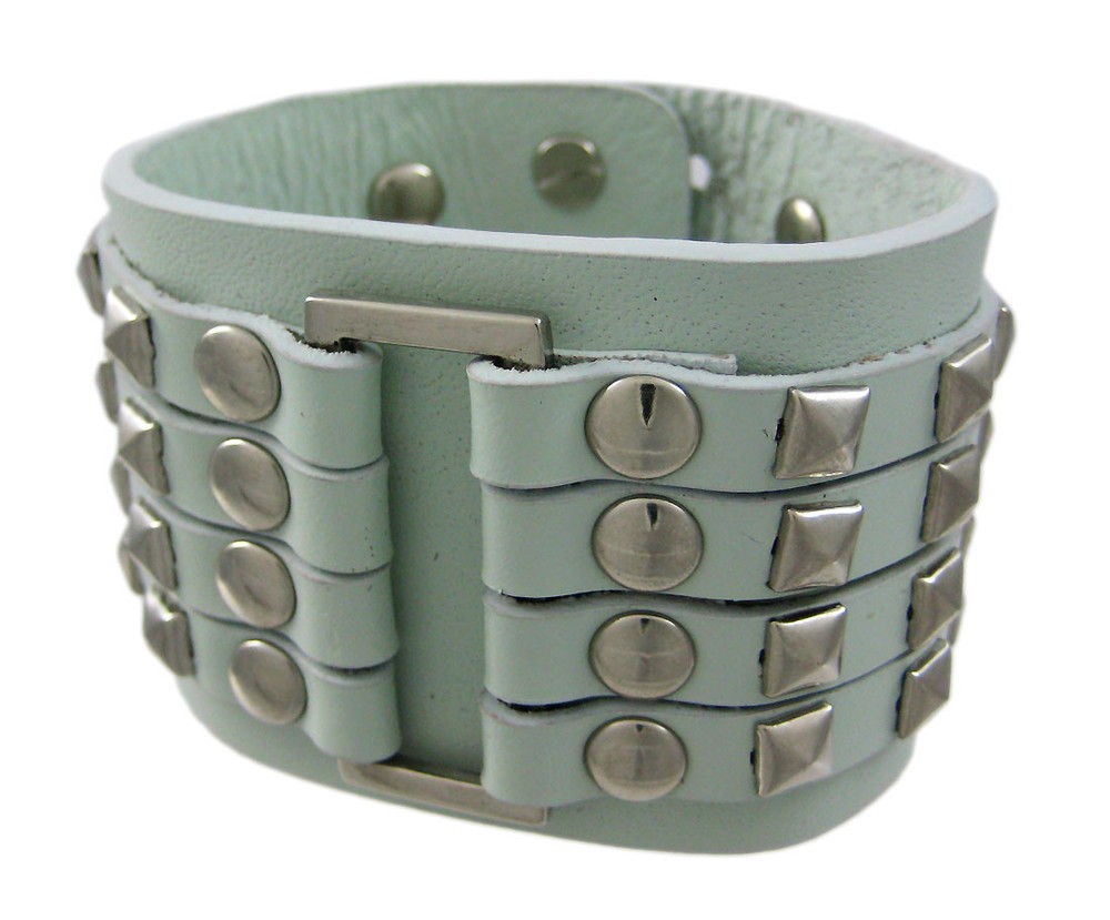 Zeckos Gray Leather Wristband with 4-Row Chrome Pyramid Studs