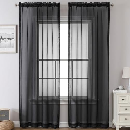 Black Sheer Tier Kitchen Curtains 36 Inch with Rod Pocket