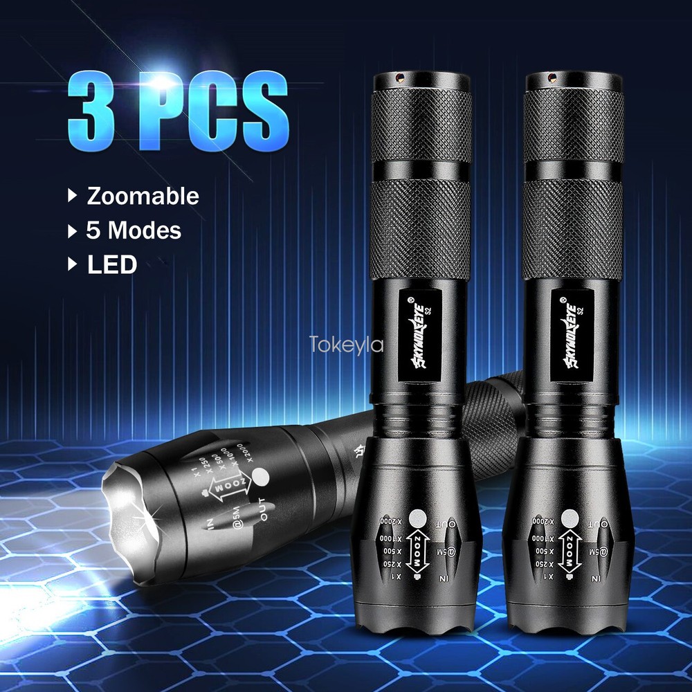 3 Pack 2000LM Super Bright Zoomable Portable LED Flashlights