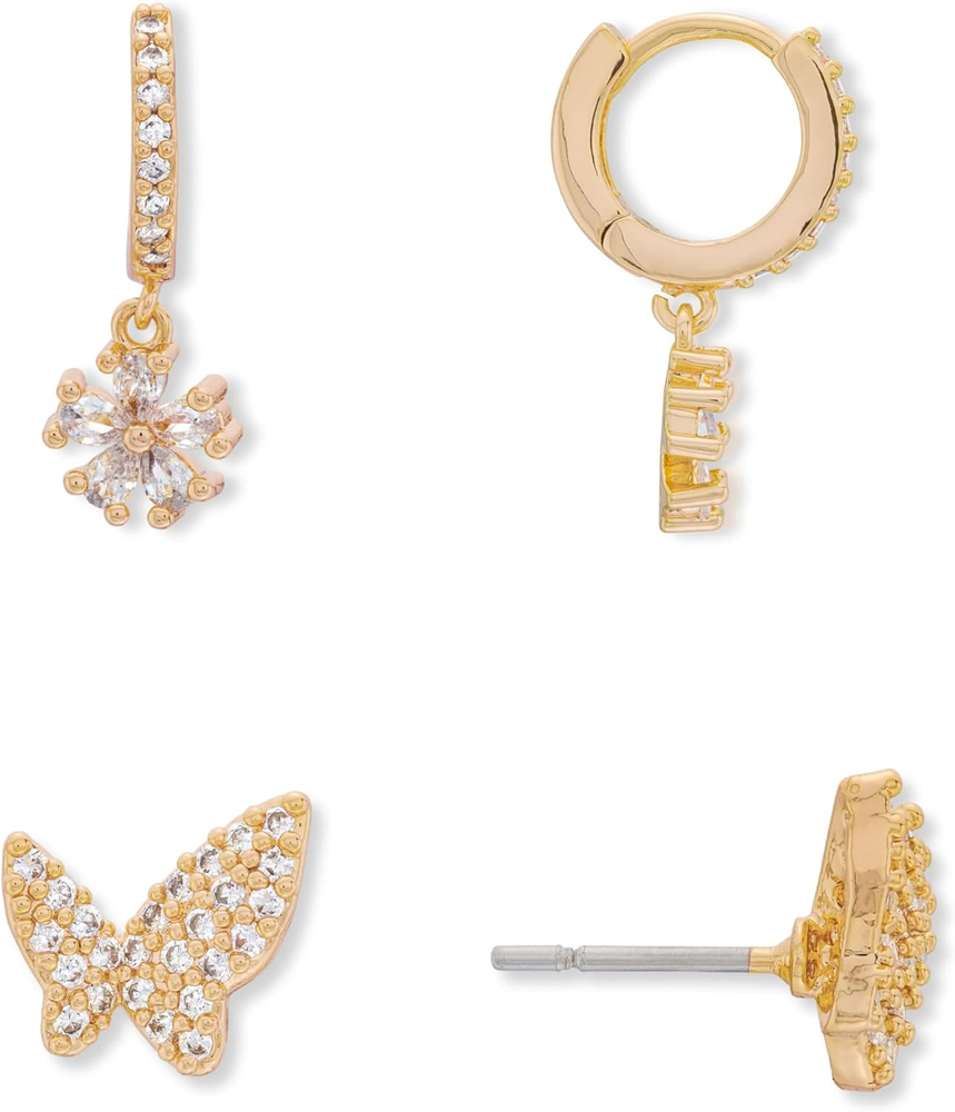 Butterfly & Flower Huggie & Stud Set Mix & Match Gold Earrings 14K Gold Plating