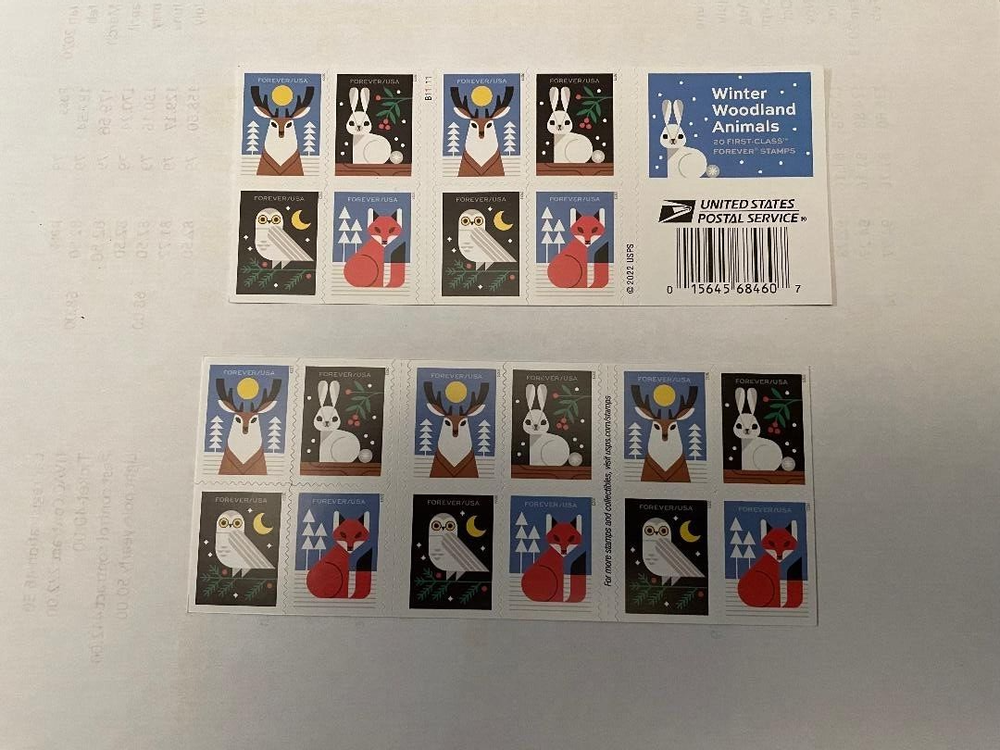 (20) USPS Forever Stamps - Winter Woodland Animals--Free shipping-