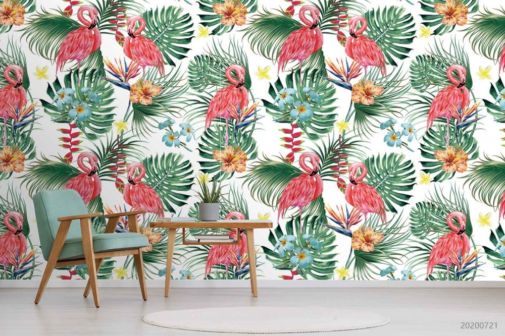 3D Flamingo Flower Leaf Pattern Wall Murals Wallpaper Murals Wall Sticker