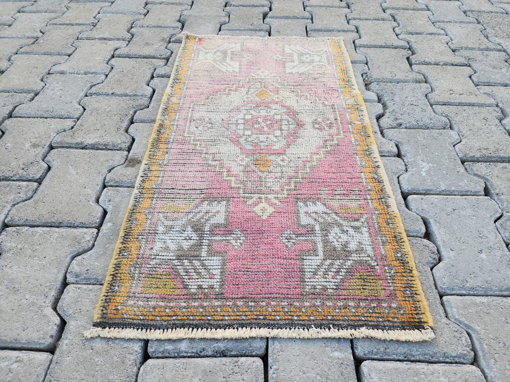 Vintage Pink Turkish Rug 2x3 ft Hand Knotted Mini Mat Gift for Mom
