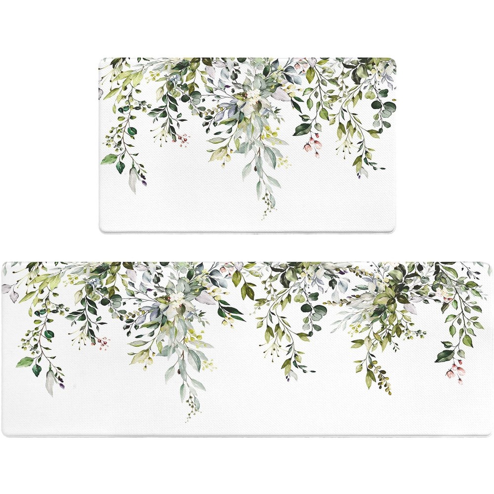 Anti Fatigue Kitchen Mats Set of 2 Green White Eucalyptus Non Slip Floor Cushion