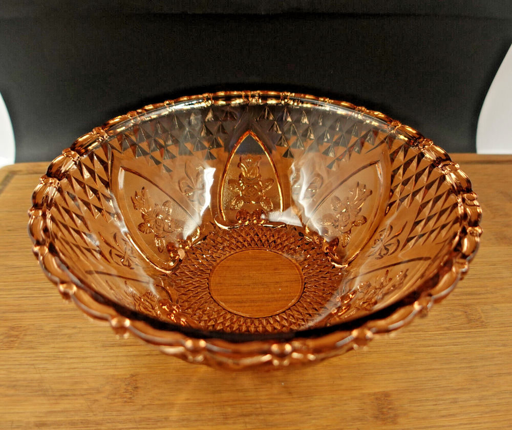 Amber Rose Glass Footed Serving Bowl with Fleur De Lis Design Handcrafted in Indonesia