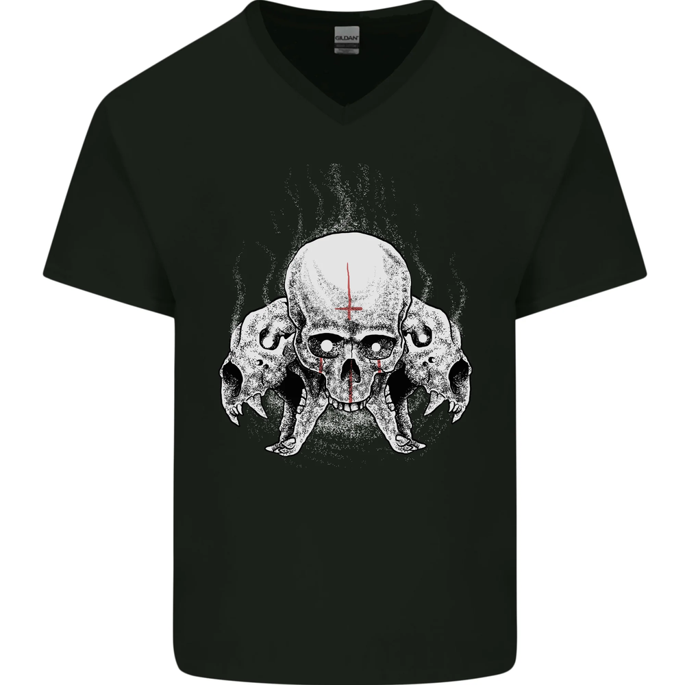 Satanic Skulls Gothic Biker Heavy Metal Mens V-Neck Cotton T-Shirt