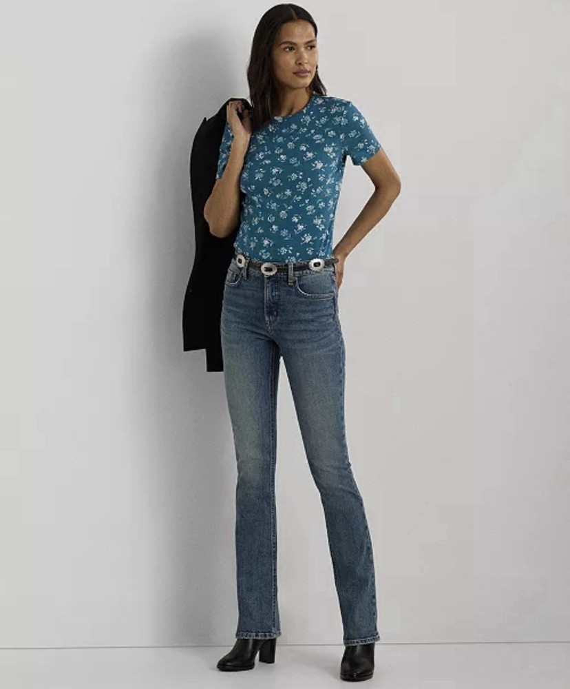 Lauren Ralph Lauren Crew Neck T-Shirt Women Extra Small Blue Floral Short Sleeve