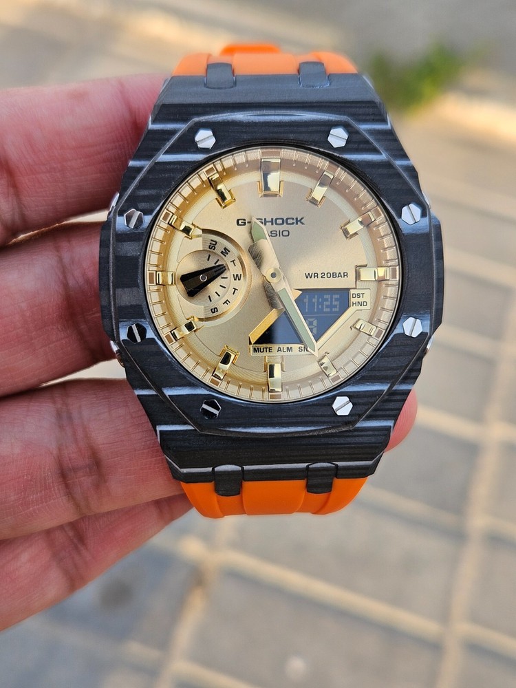 Custom G-Shock GA-2100GB Mod – Carbon Style Case with Orange Strap | 20BAR Water
