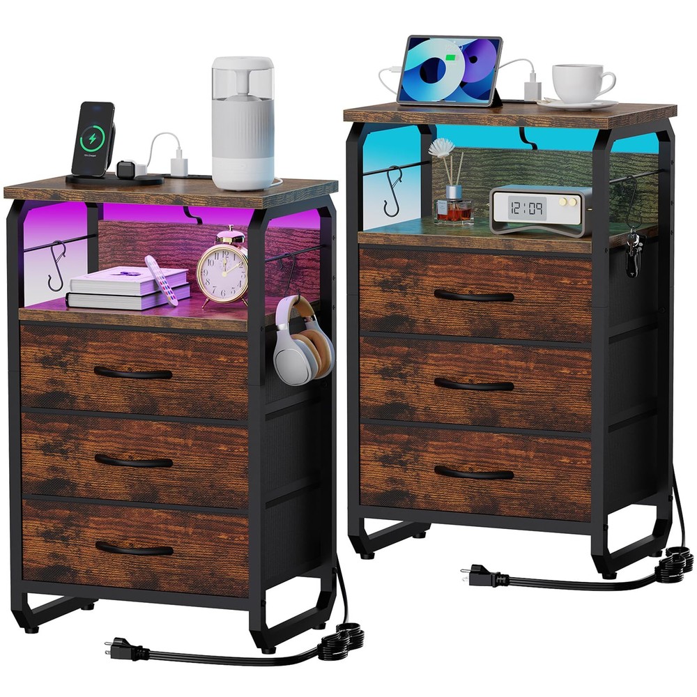 Tall Nightstand Set of 2 with USB Charging Station and Storage