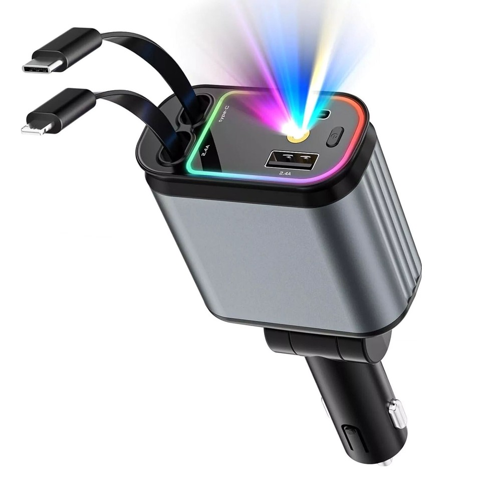 Retractable Car Charger 4 Devices Simultaneous PD 66W Fast Charging 12-24V