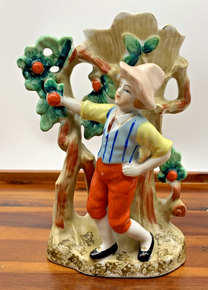 Vintage Royal Japan Figurine Vase Boy with Tree Trunk Apple Picking