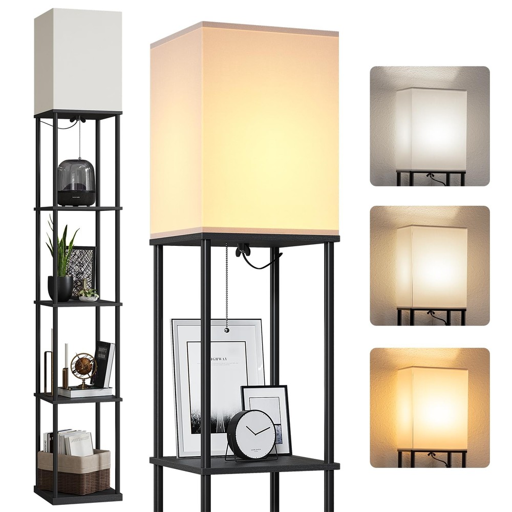 5 Tier Floor Lamp with Shelves, Modern Square Standing Lamp with 3 Color Temp...