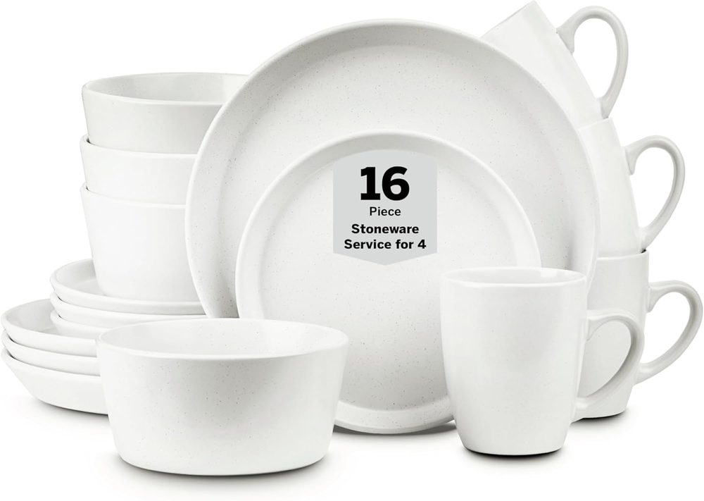 Albie Stoneware 16-Piece Modern Dinnerware Set, Kitchen Plates and Bowls Sets, D