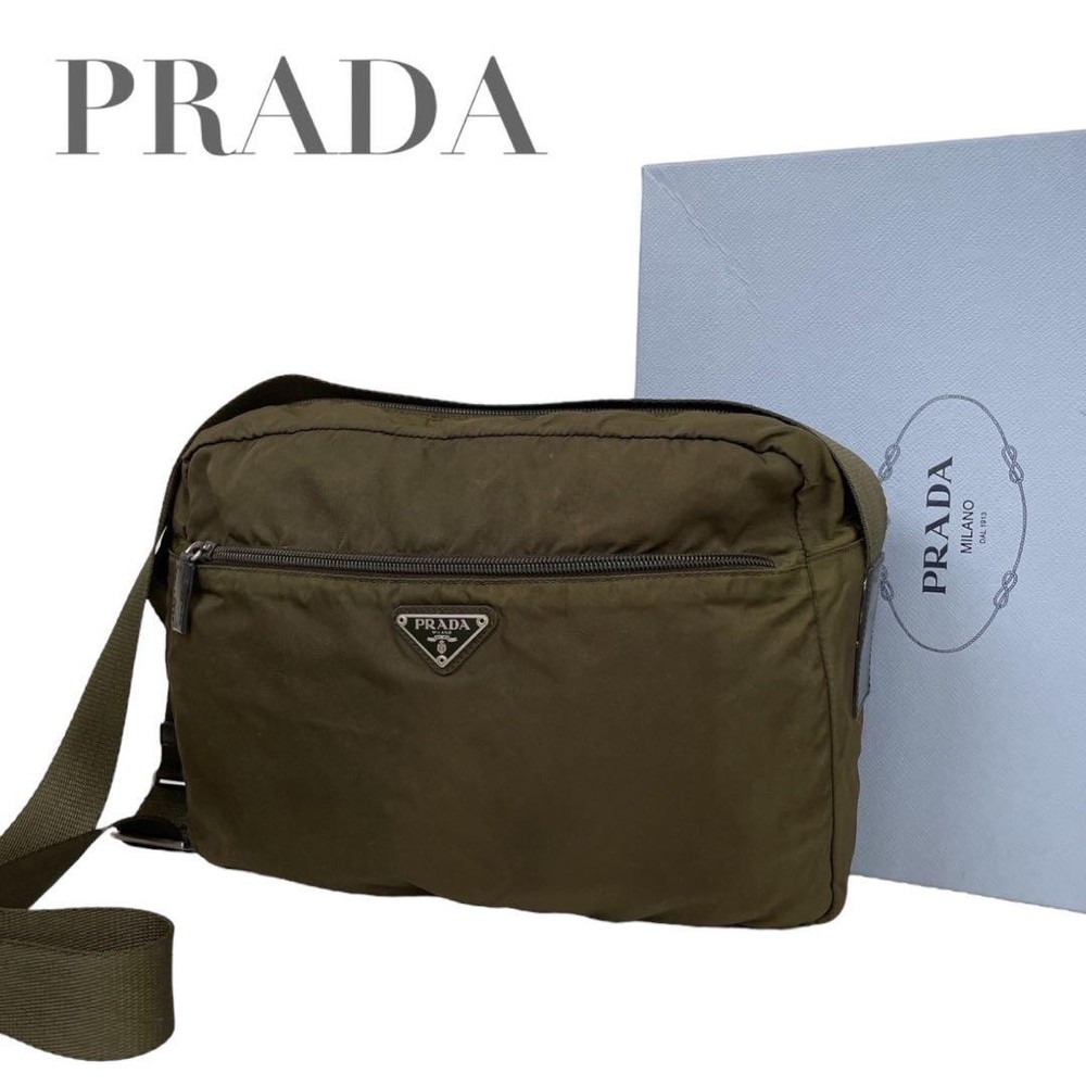 Prada Khaki Nylon Triangle Logo Camera Crossbody Bag Authentic
