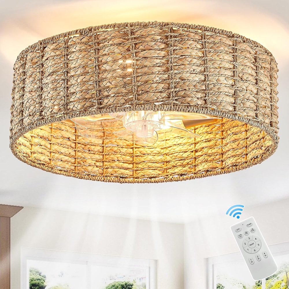 0138-4H Handwoven Rattan Caged Boho Ceiling Fans with Lights Remote Control Flus