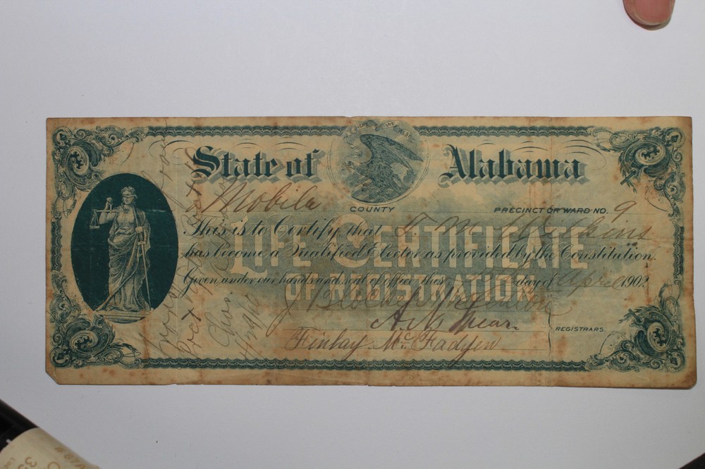 Scarce 1902 Historical Document: STATE OF ALABAMA Elector Certificate (#00009)