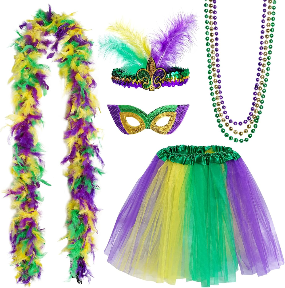 Mardi Gras Costume Accessory Set Tutu Skirt, Faux Feather Headband, Mask,Mardi G