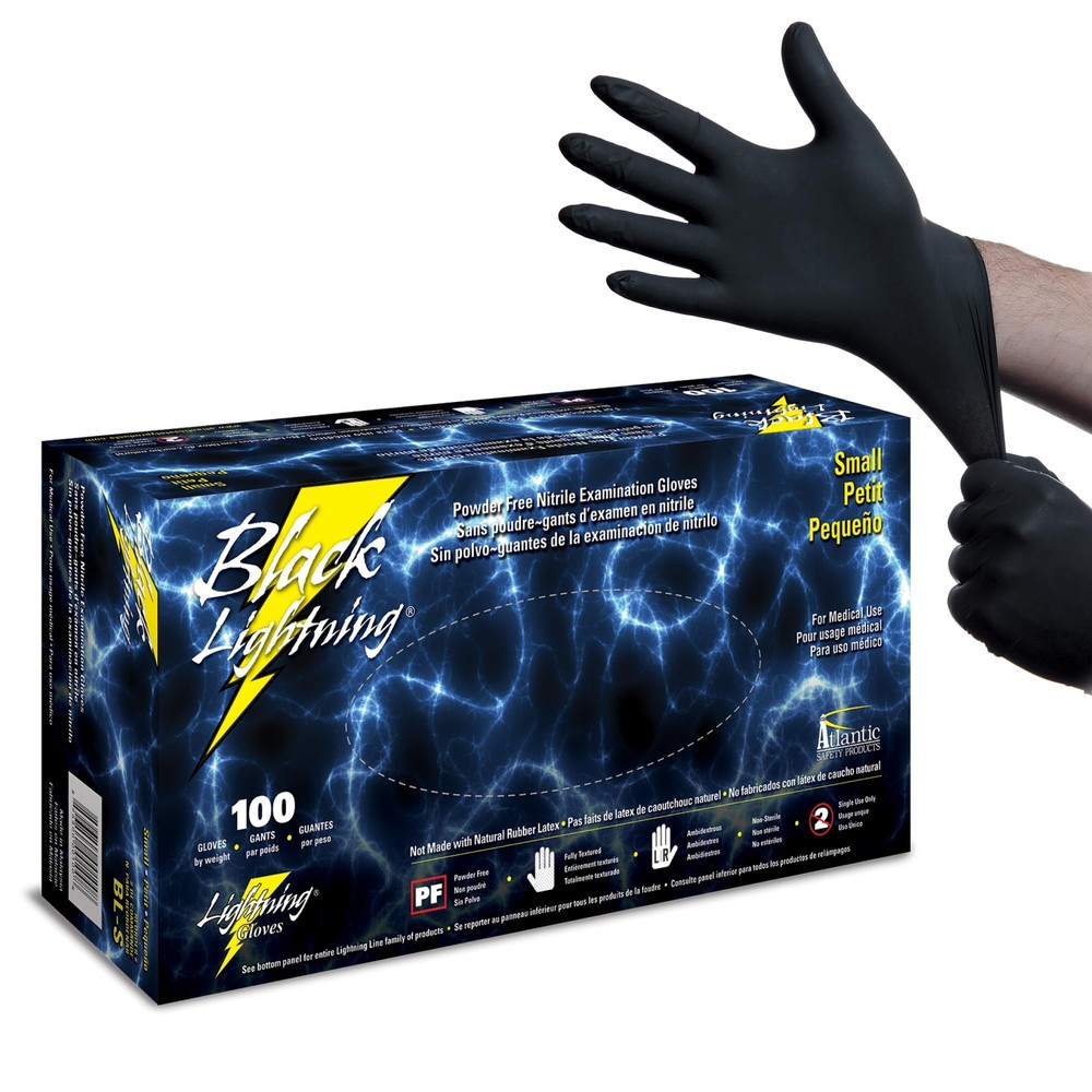 Black Lightning Exam Gloves, Disposable, Powder-Free Nitrile Gloves, Black, S...
