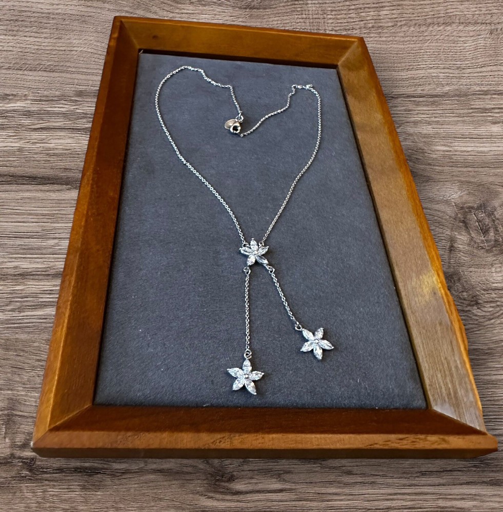 Sterling Silver 925 Necklace Cubic Zirconia Flower Droppers Sparkly Costume Gift