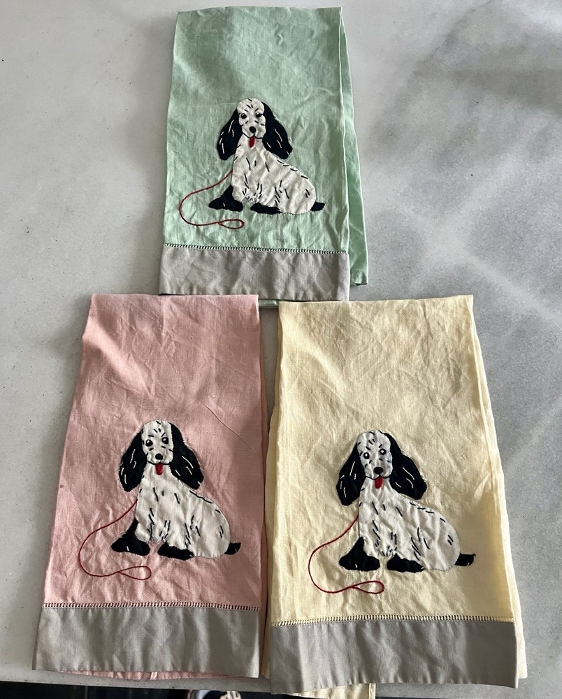 Embroidered 3 Vintage Linen Tea Towels  Dog With Red Leash