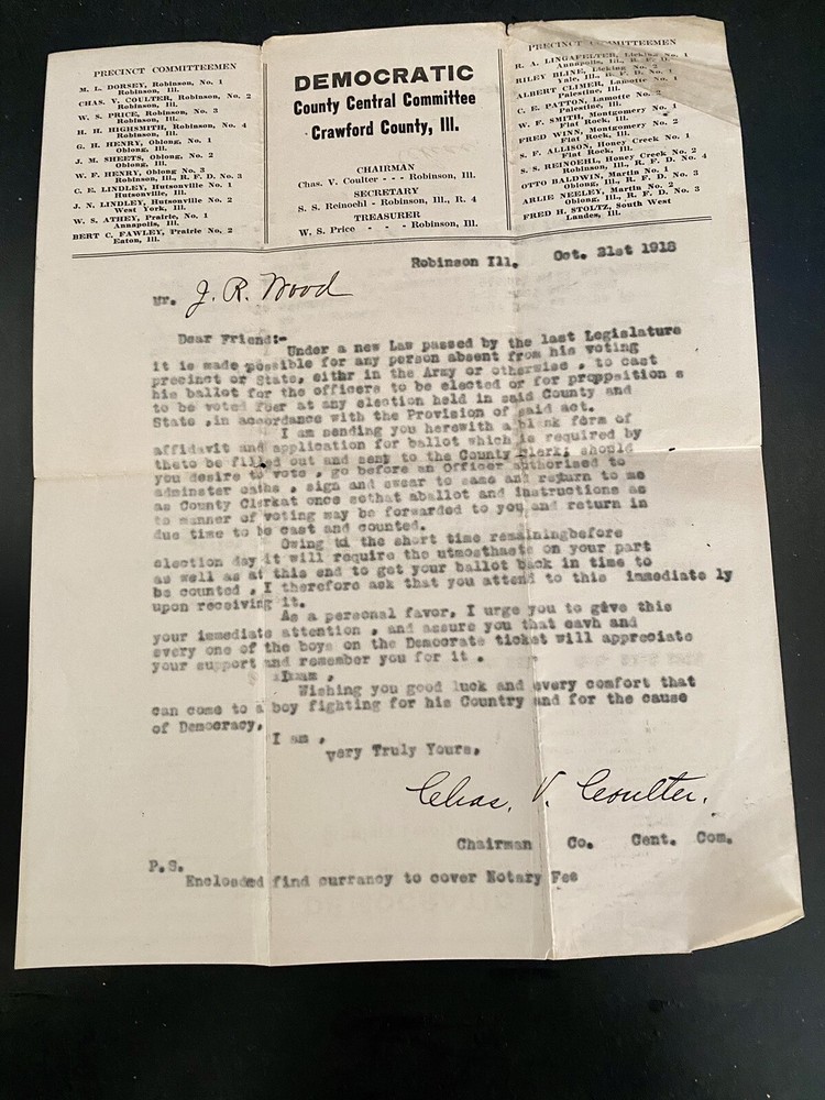 WWI LETTER TO SERVICEMAN ASKING FOR HIS VOTE SIGNED DEMOCRATIC COMM. ILLINOIS