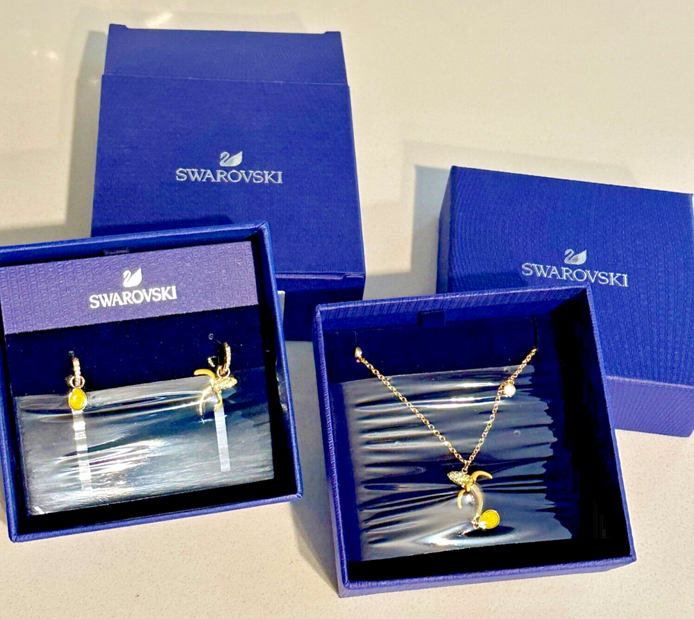 NEW Swarovski Banana Earrings & Necklace Pendant Gold Chain. No Regrets Box Set