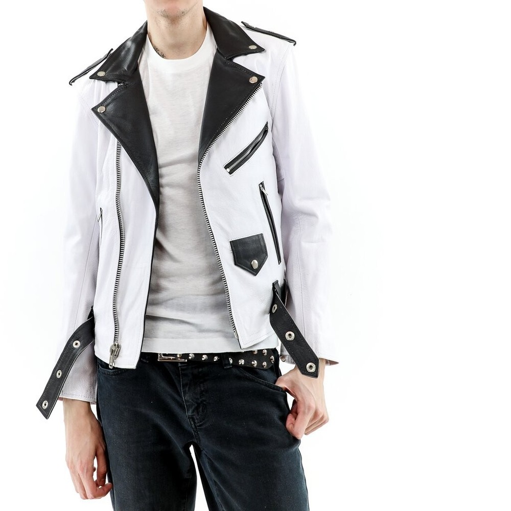 Men's Lambskin Leather Biker Jacket in White & Black - MMJ1b