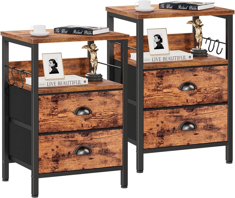 Furologee Nightstands Set 2, Bedside Table with 2 Fabric Rustic Brown