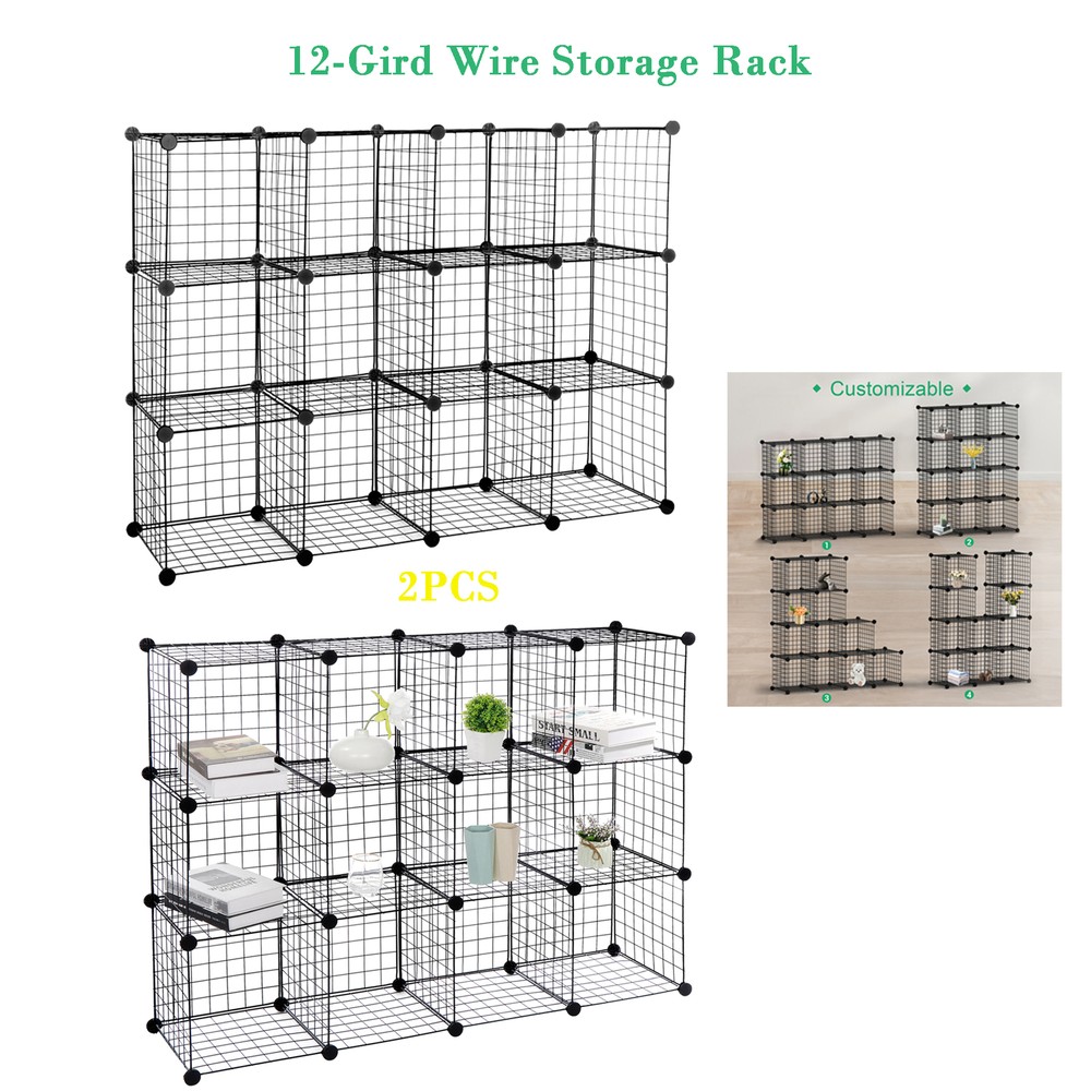 2PCS Wire Cube Storage 12-Cube Storage Organizer Wire Shelving Modular Bookshelf