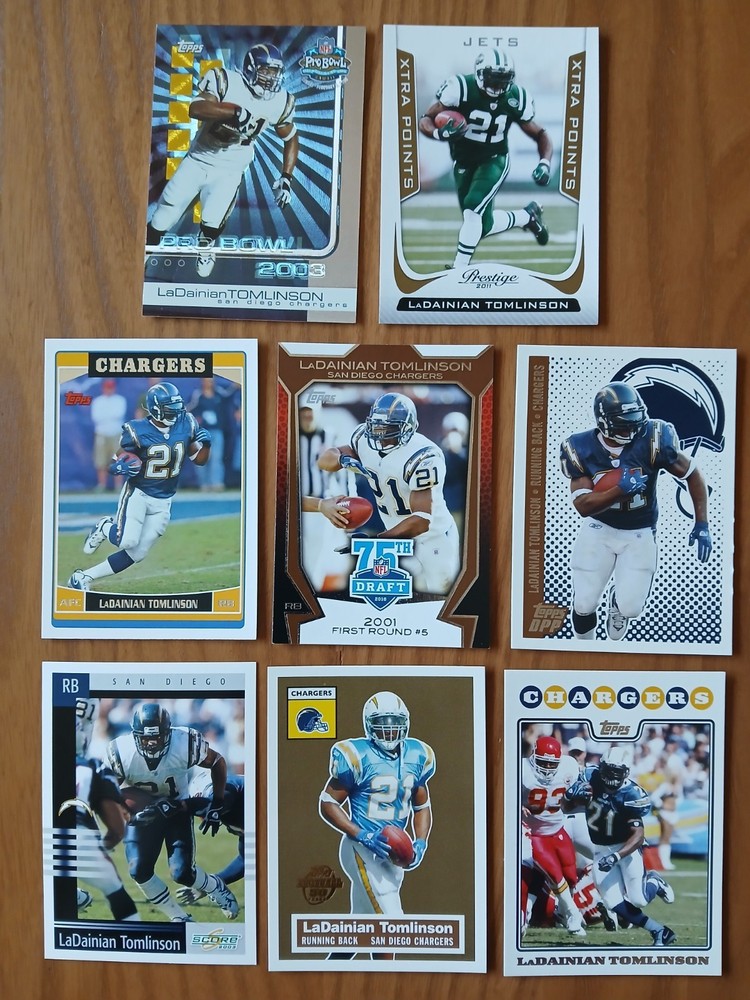 Lot of 8 LaDainian Tomlinson Football Cards Including Rookie & Insert – Chargers & Jets