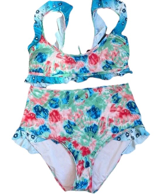 Aerie Floral Tie Dye Ruffle High Wasted Bikini Set Top Med Bottoms L NWT Swim