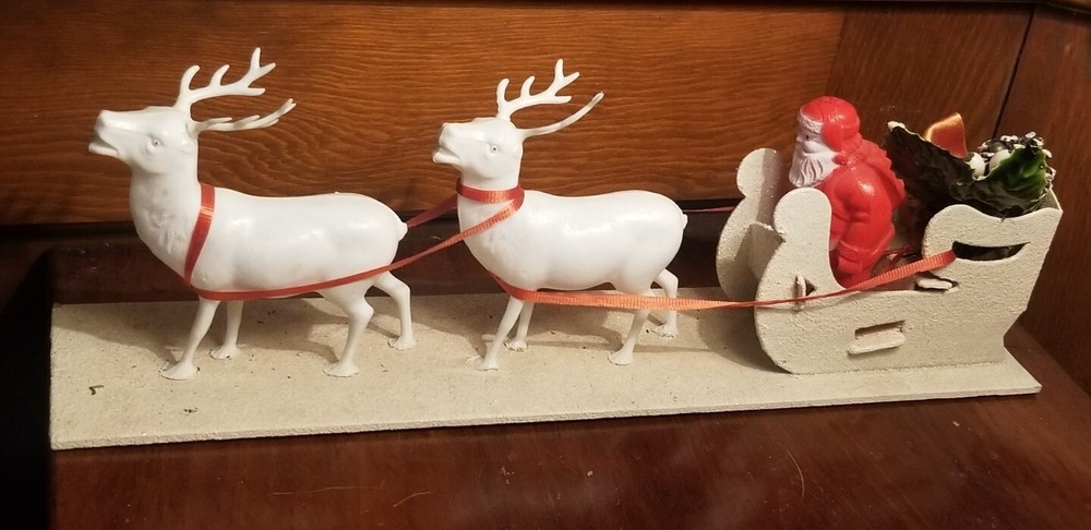 VINTAGE 50’s Christmas plastic Santa in cardboard mica sleigh w/ reindeer 14.75