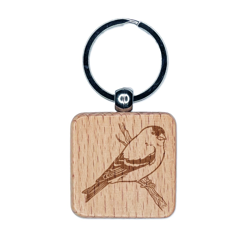 American Goldfinch Engraved Wood Keychain Charm - Sweet Bird Design  