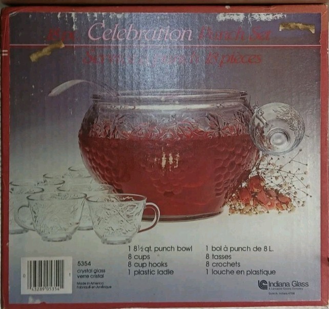 Indiana Glass Grapes Celebration 18 Piece Complete Punch Bowl Set In Box # 5354