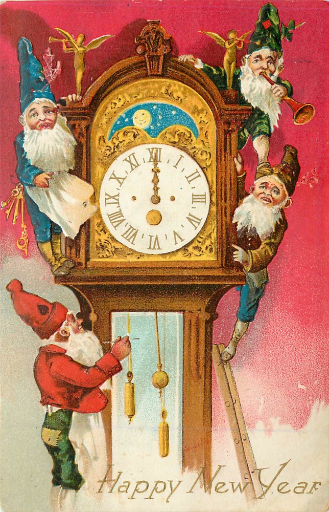 Embossed New Years Postcard Gnomes Hang around on Grandfather Clock 47-image