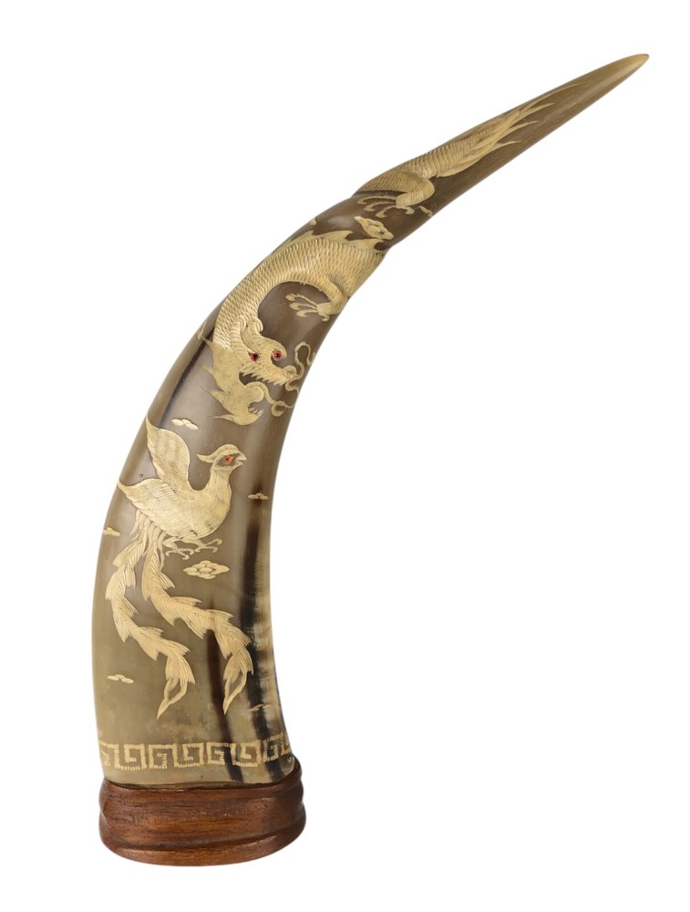 Vintage Hand Carved Water Buffalo Horn Dragon Phoenix Red Eyes 20