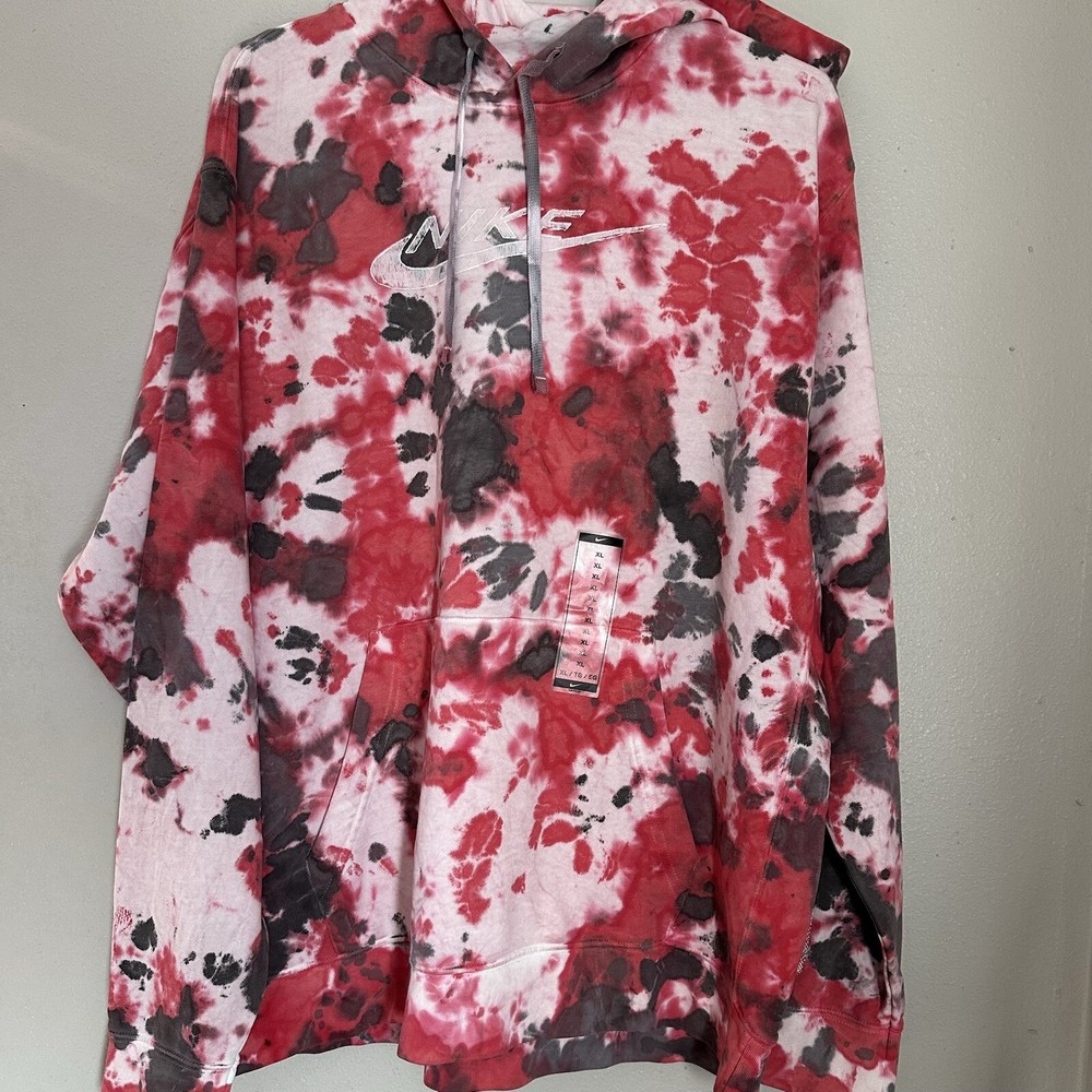 Mens Nike Sportswear Club Fleece Ice-Dye Pullover Hoodie Red Size XL FN1455-657