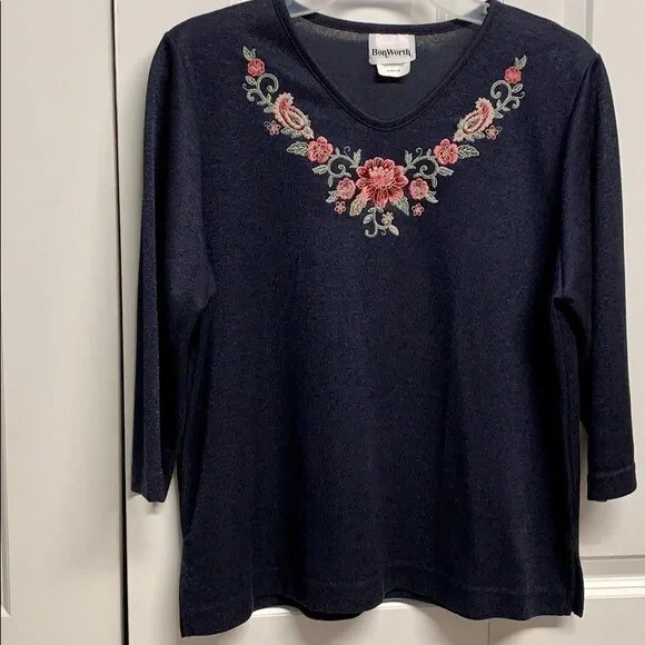 Bon Worth Dark Blue Pink Embroidered Flowers Knit Mid Sleeve Top Size PS